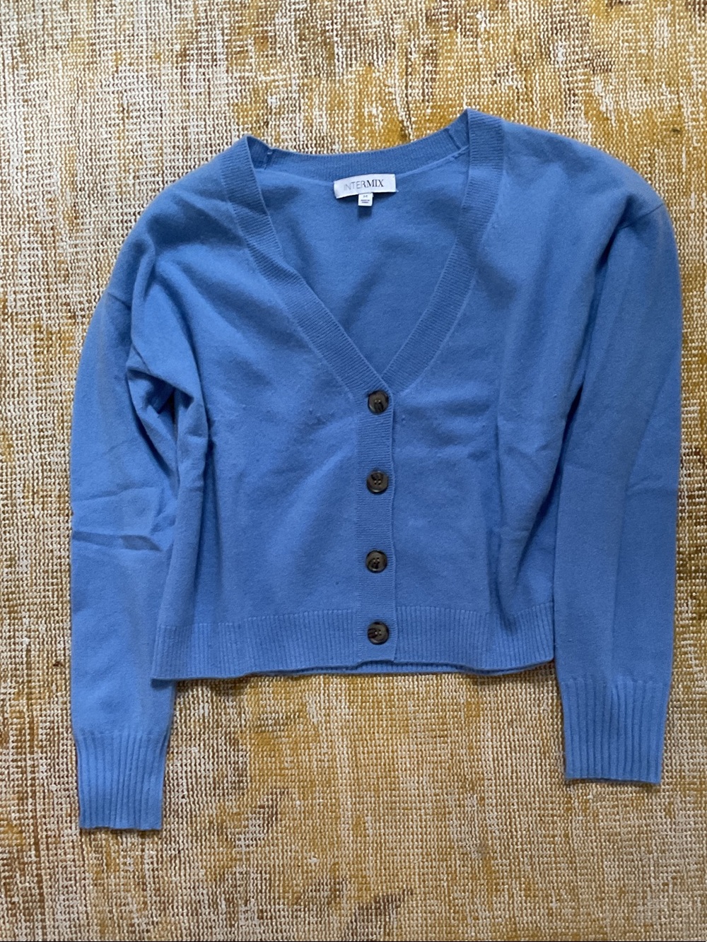 INTERMIX Cashmere Cornflower Blue V-Neck Button Front Cropped Cardigan